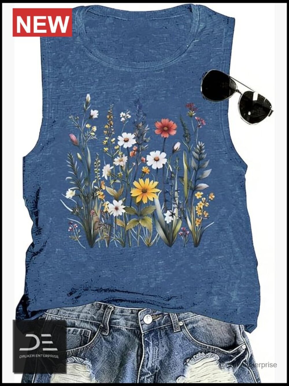 Boho Casual Crew Neck Sleeveless Tank Top with Floral Print